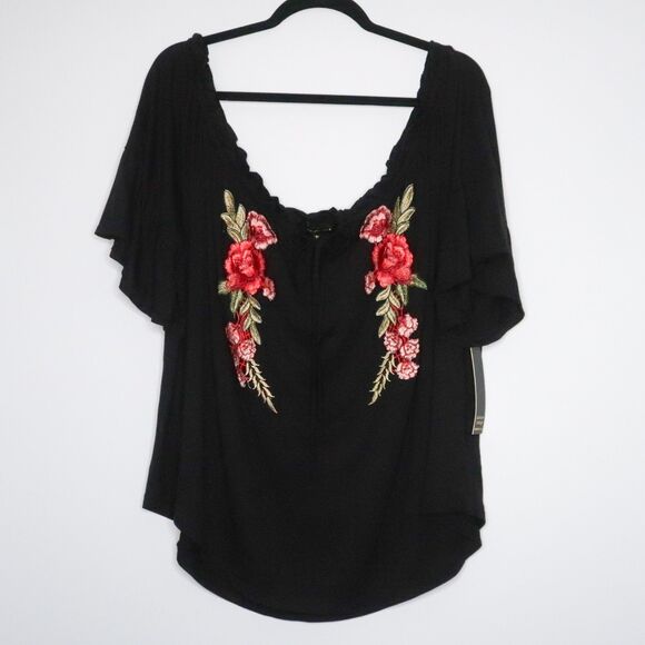 Always Indigo Womens Blouse Plus Size 3X Black Floral Rose Boho Peasant Romantic - Picture 2 of 10